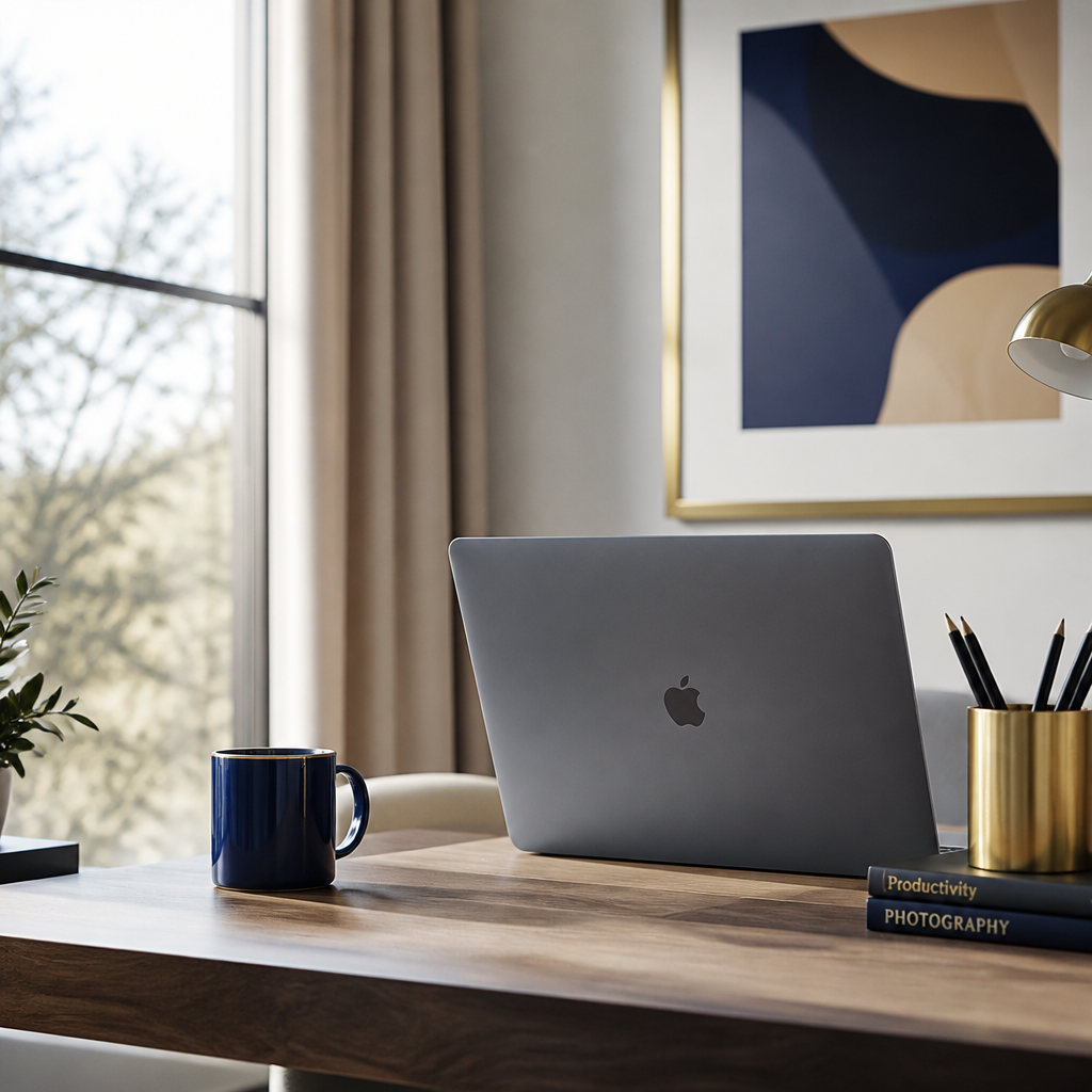 Home office organizado com notebook e caneca sob luz natural, representando o trabalho híbrido e remoto.