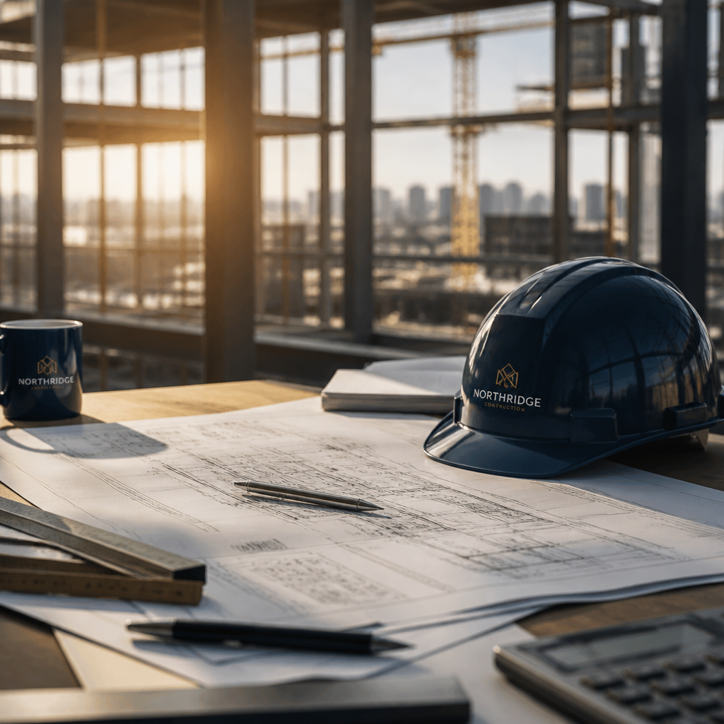 Capacete de proteção e plantas de arquitetura sobre uma mesa em obra, simbolizando gestão de riscos e segurança.